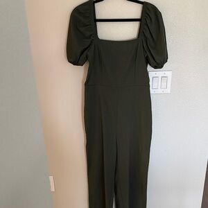Elegant Dark Green Puff Sleeve Jumpsuit